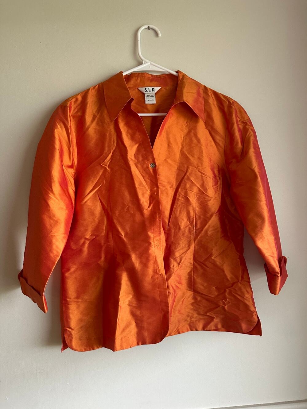Vintage S.L.B. Sunny Leigh Orange Raw Silk Button Up Blouse Top Cuffed Large